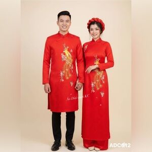 Elegant Red Áo Dài with Peacock Design